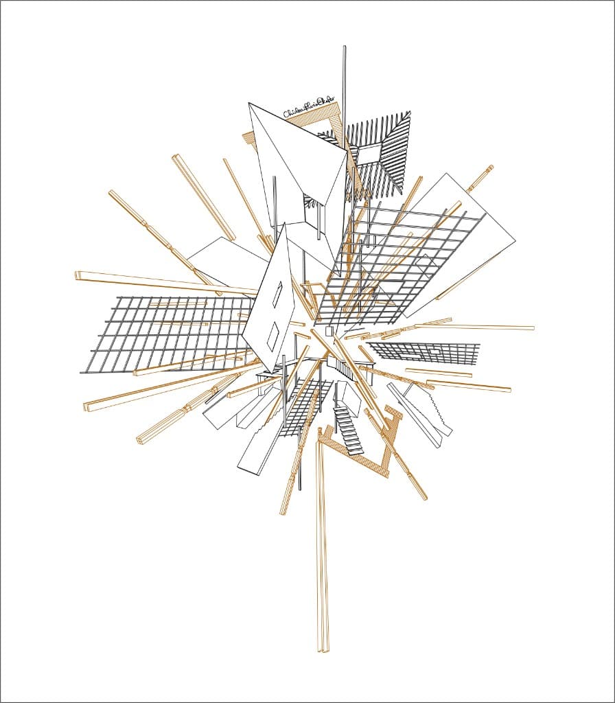 Halted Explosion — architectural elements suspended mid-motion