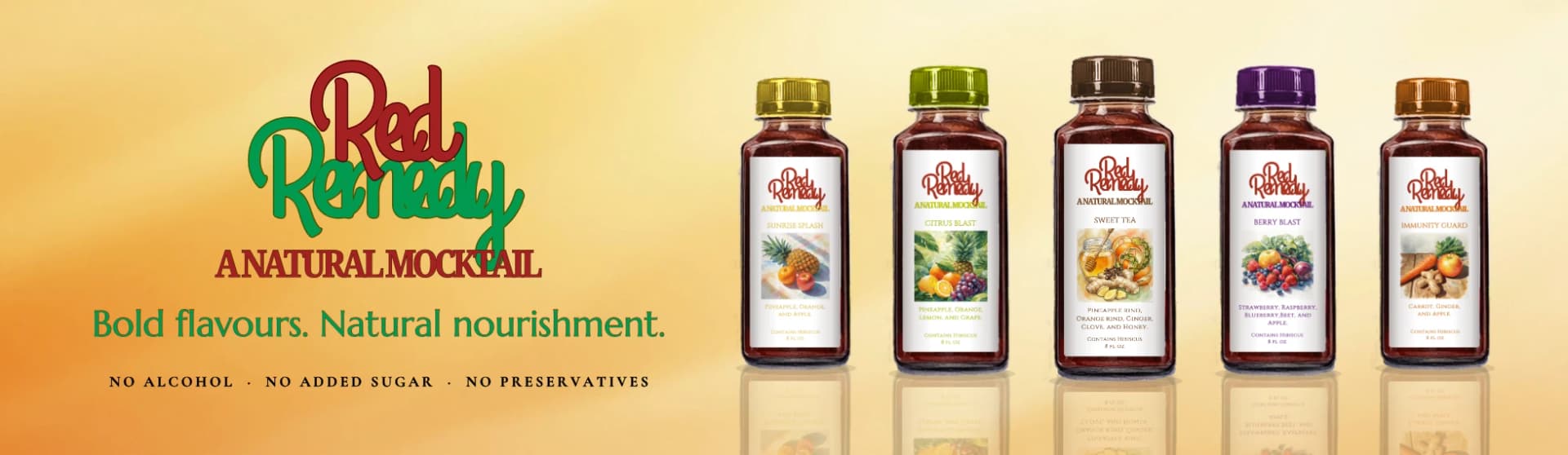 Red Remedy, a natural mocktail. All five flavours: Sunrise Splash, Citrus Blast, Sweet Tea, Berry Blast, and Immunity Guard.